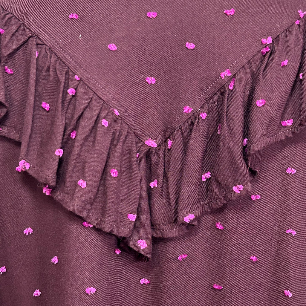 LOFT M Purple Blouse Swiss Dot Smocking Coquette Ruffle Feminine Chic Clown Boho