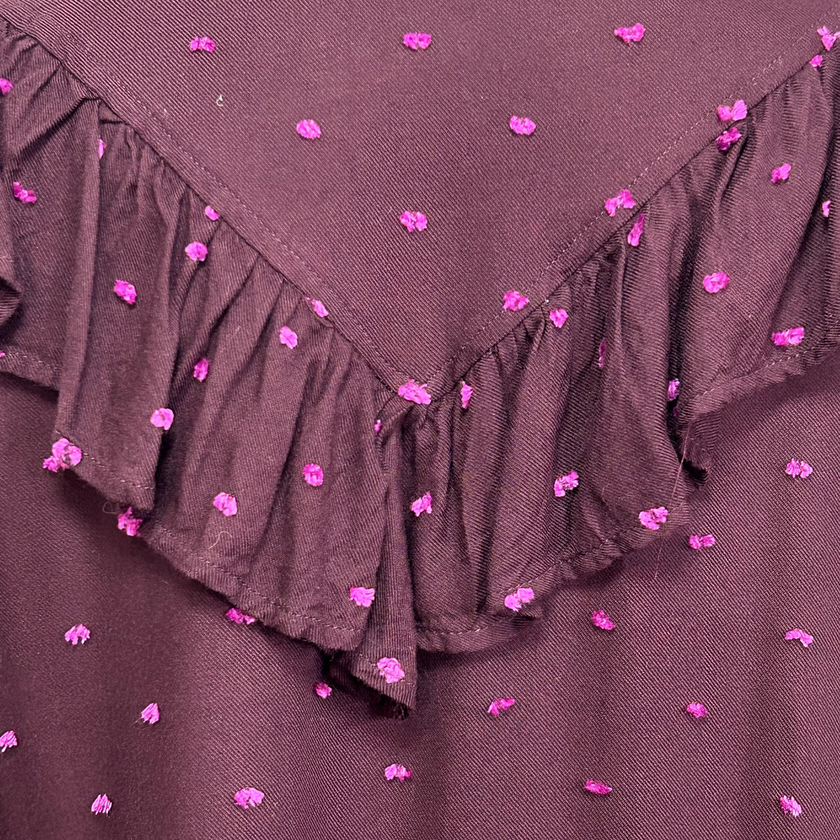 LOFT M Purple Blouse Swiss Dot Smocking Coquette Ruffle Feminine Chic Clown Boho