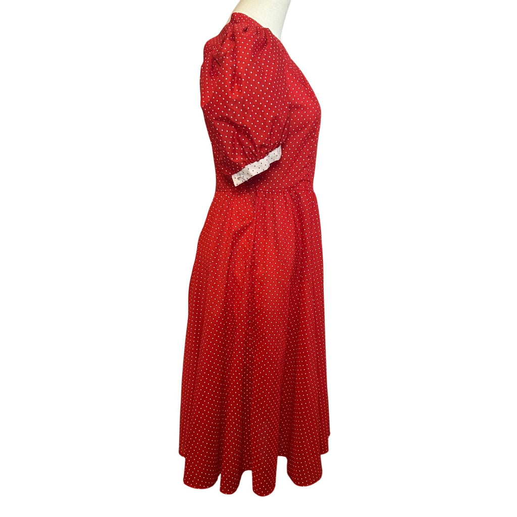 VTG 80s Red White Polka Dot Puff Sleeve Midi Dress