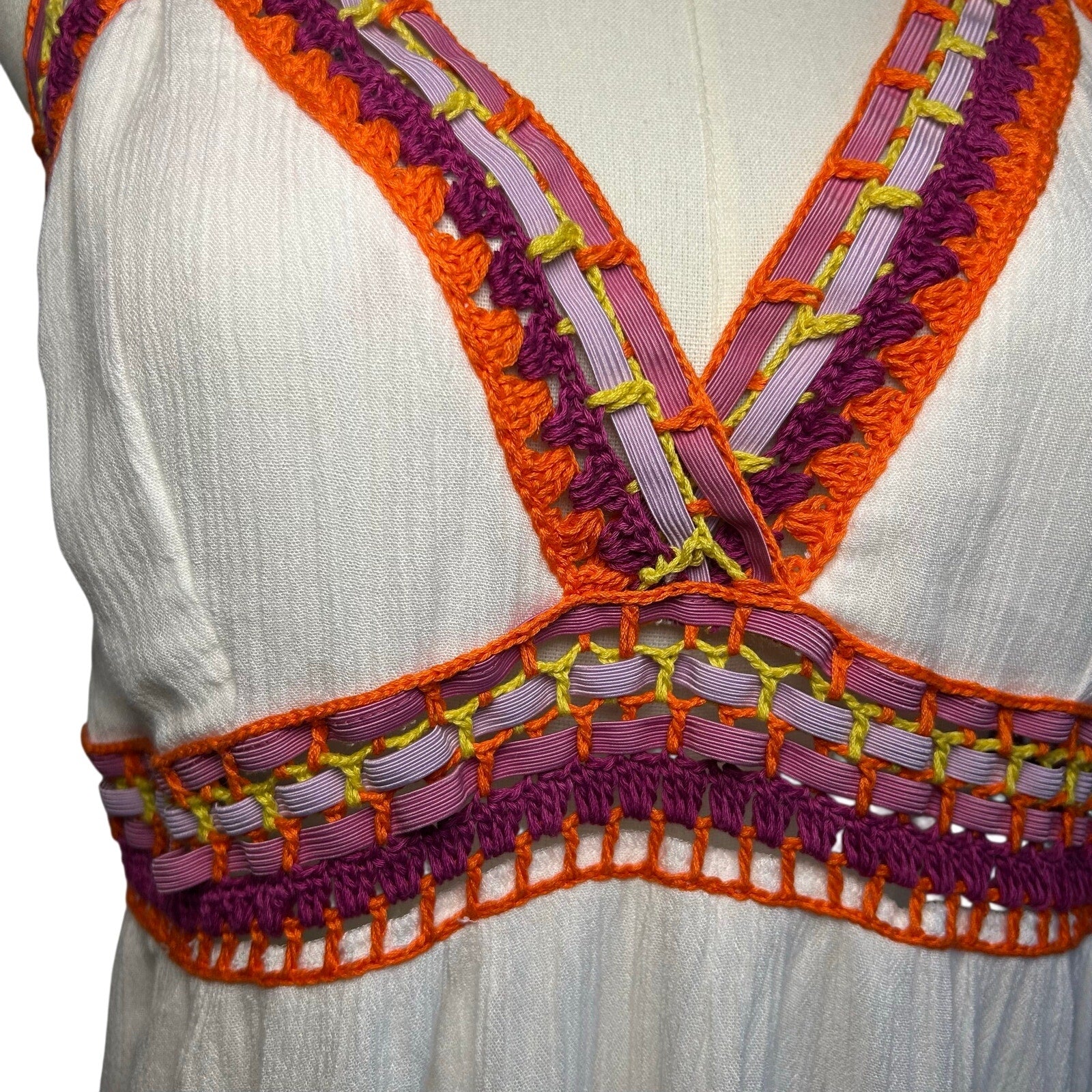 Indigo Rein XL White Multi Boho Maxi Dress Woven Tassel Tie Indie Fairy Cottage
