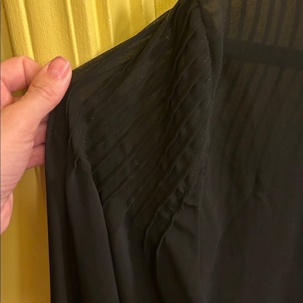 Zara Pleated Tie Neck Blouse Black Sheer Chiffon Pussy Bow Shirt Woman Large L