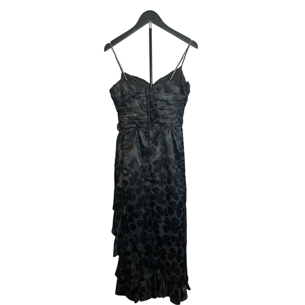 VTG 80s Black Floral Jacquard Prom Gown 2 Romantic Feminine Goth Glam Coquette