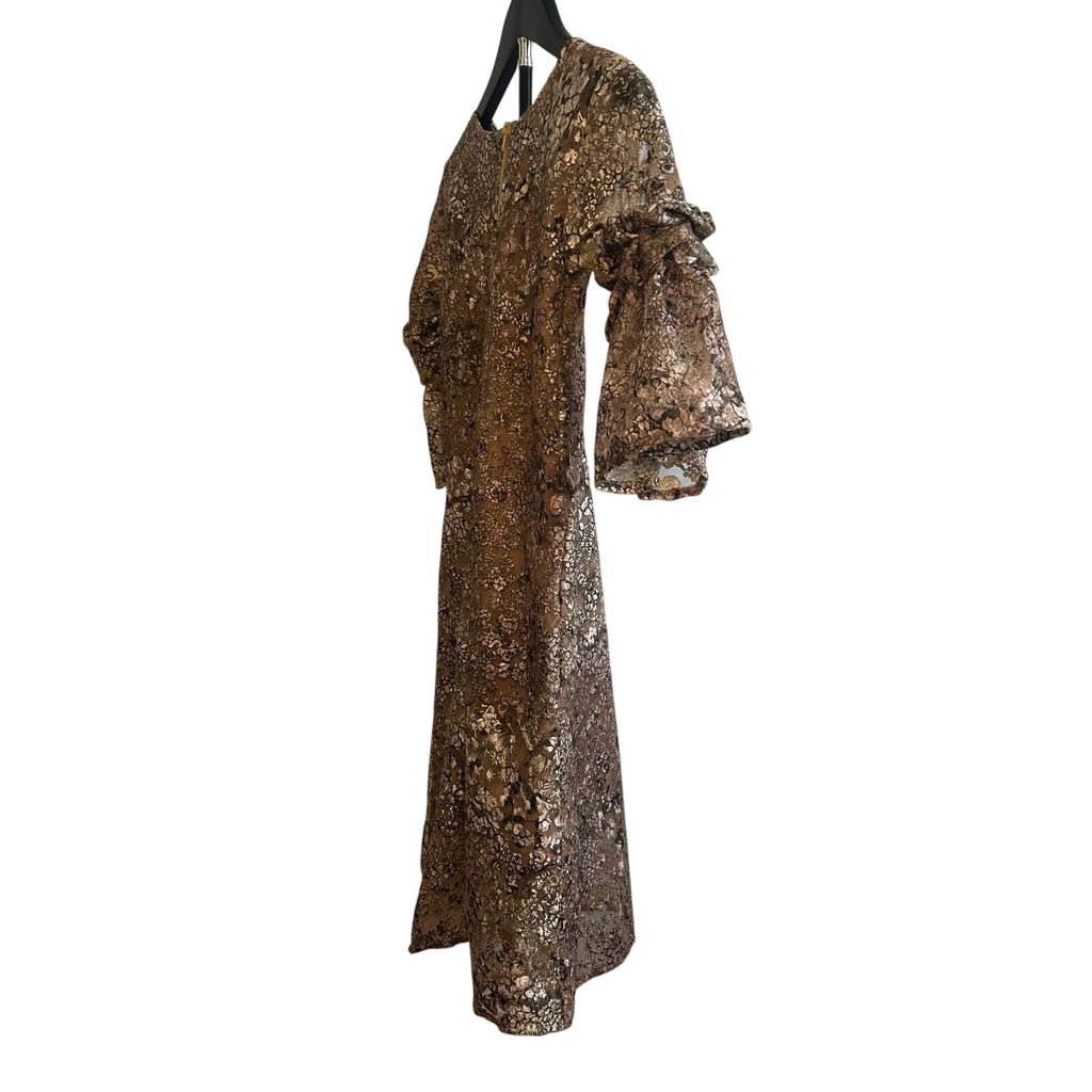 VTG 60s Metallic Floral Lace Dress Bell Sleeve Girls 12 14 or Women XXS Gold