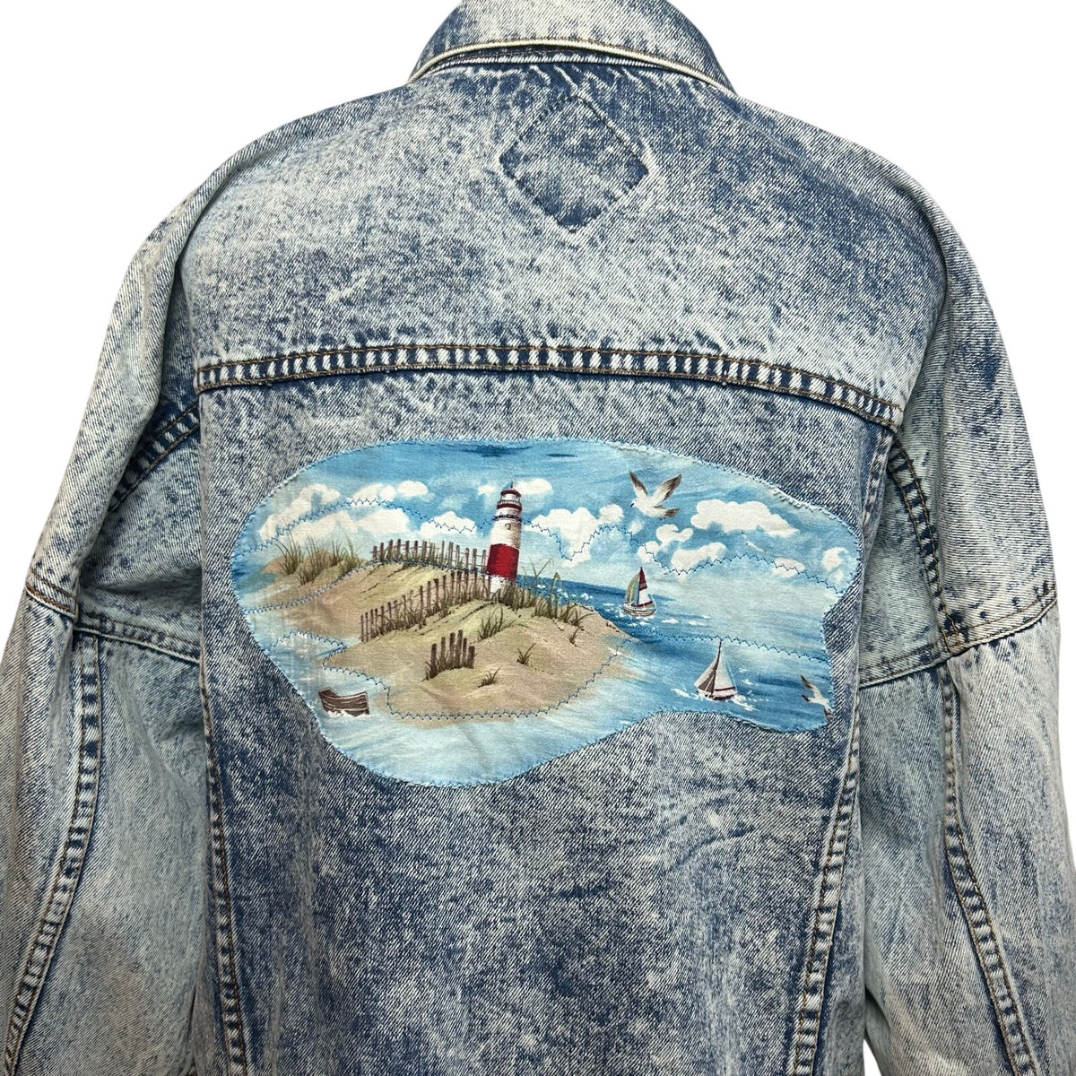 VTG 90s Ocean Denim Acid Wash Lighthouse Jacket Scenic Art Oversized XL