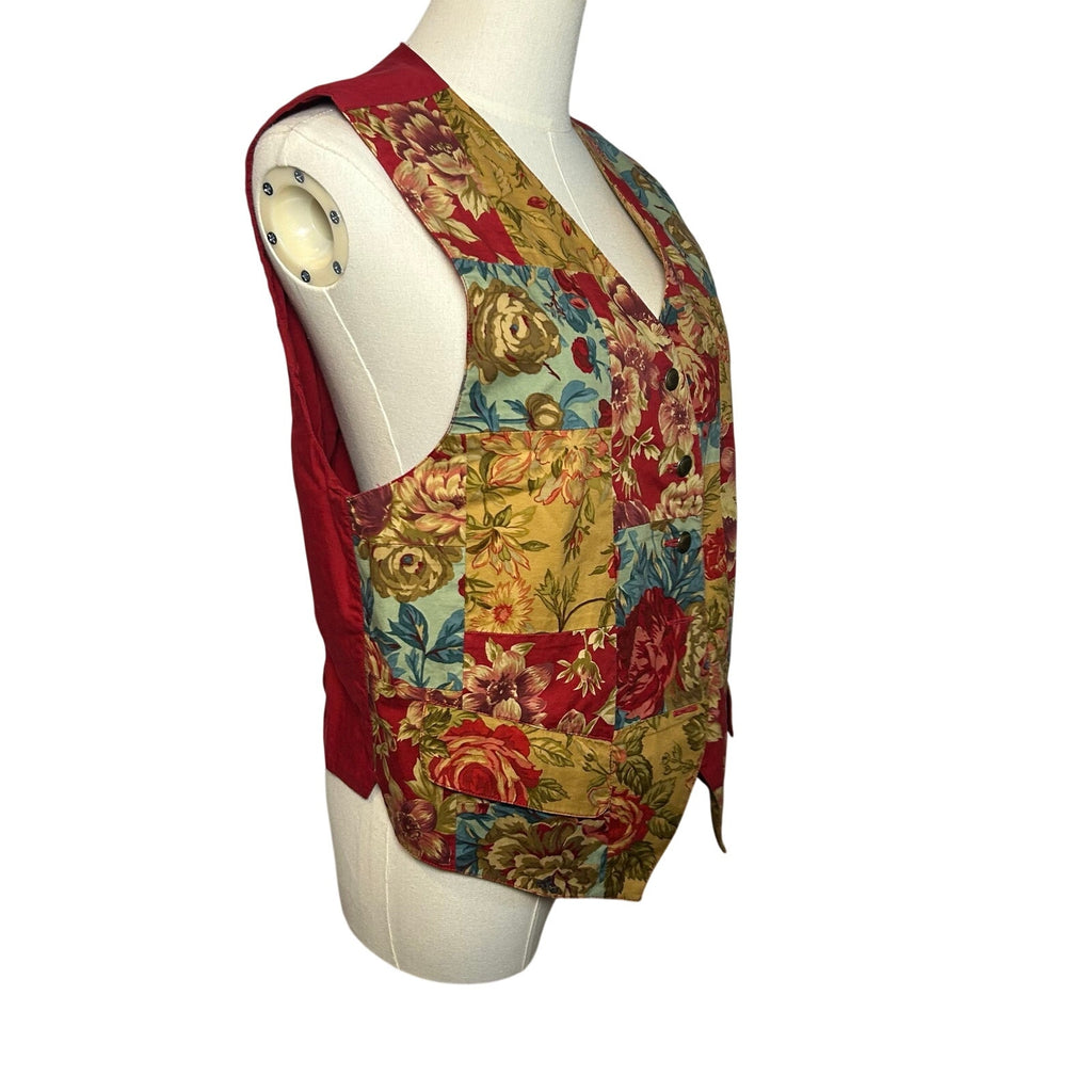 VTG 90s Lizsport Patchwork Floral Cotton Vest Pockets M Dark Academia Whimsygoth