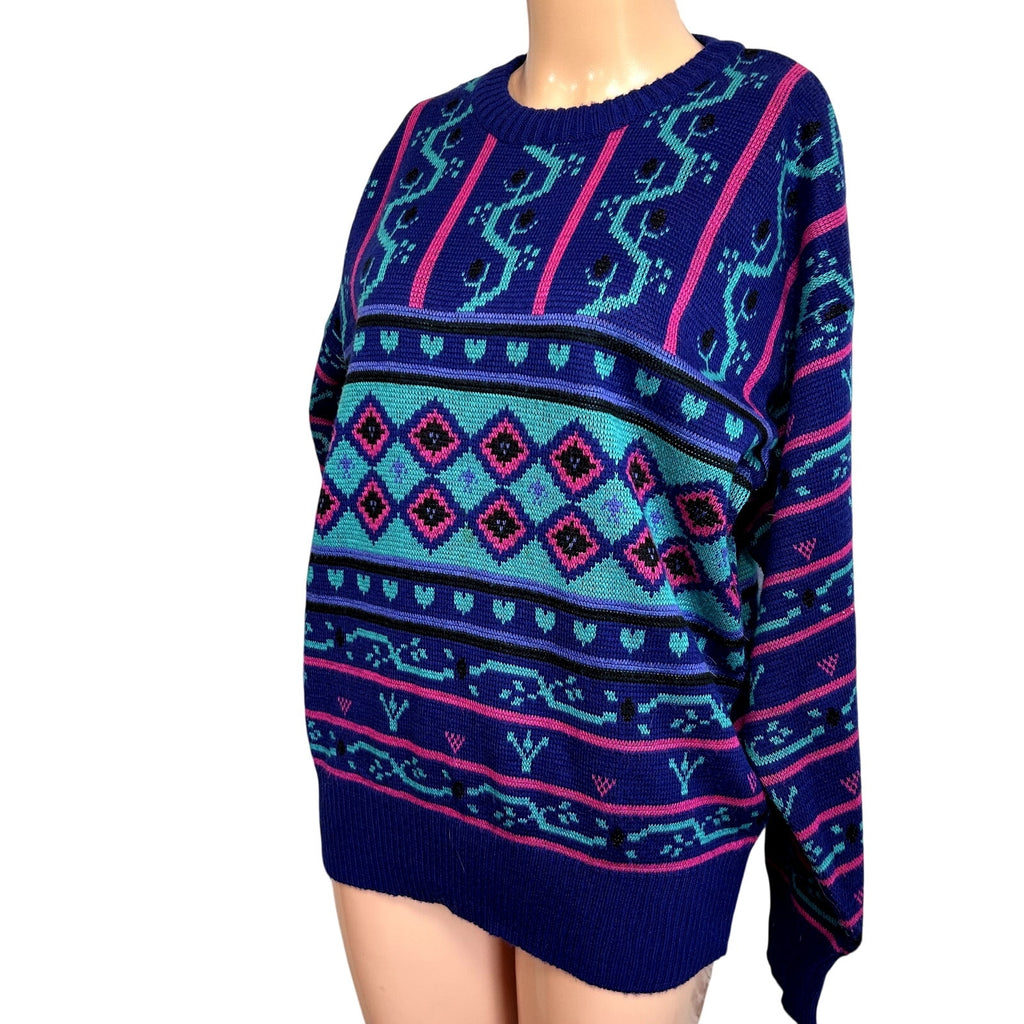 VTG 80s Meister M Purple Teal Maximalist Patterned Wool Knit Retro Cozy Sweater