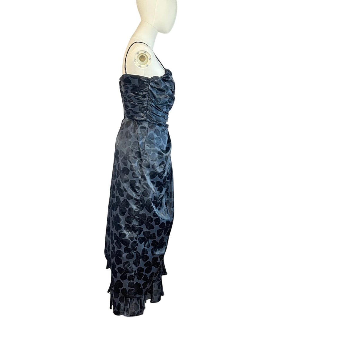 VTG 80s Black Floral Jacquard Prom Gown 2 Romantic Feminine Goth Glam Coquette