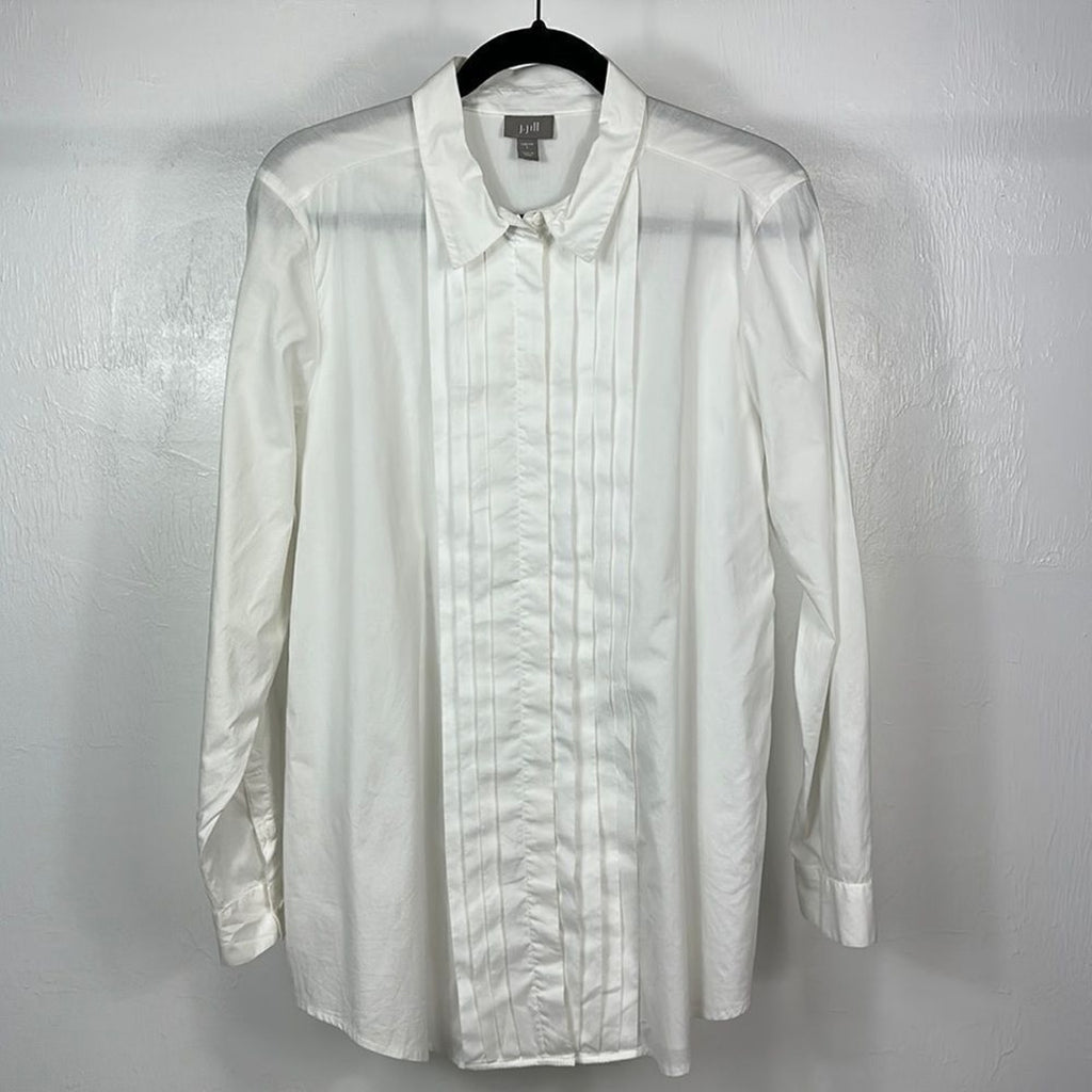 J Jill Pleated Front Stretch Cotton Button Down Shirt White Large Coastal Grandma