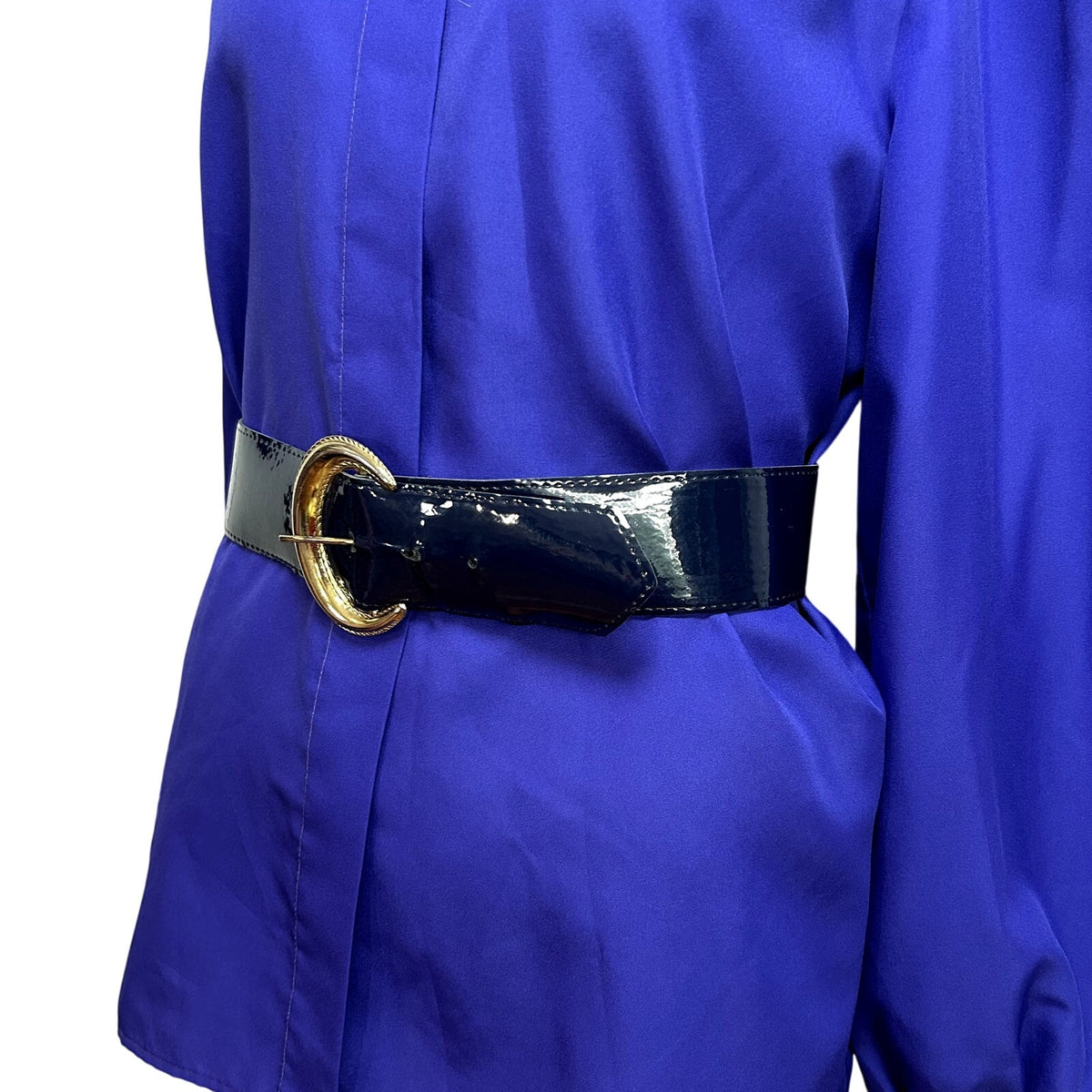 VTG 80s Glam Blue Belt Gold Crescent Buckle Patent Leather Retro Office Siren