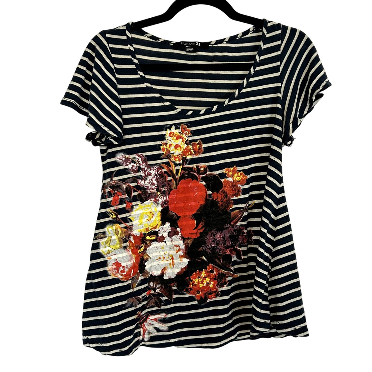 Forever 21 Navy White Striped Floral Graphic Tee Modal Blend Soft Casual Medium