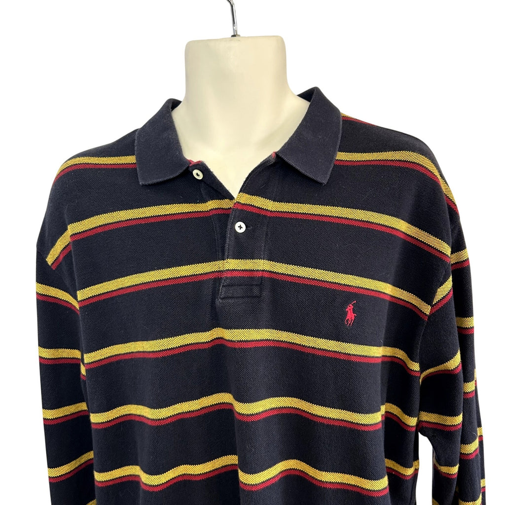 VTG 90s Polo Ralph Lauren XL Navy Blue Striped Long Sleeve Polo Shirt Preppy