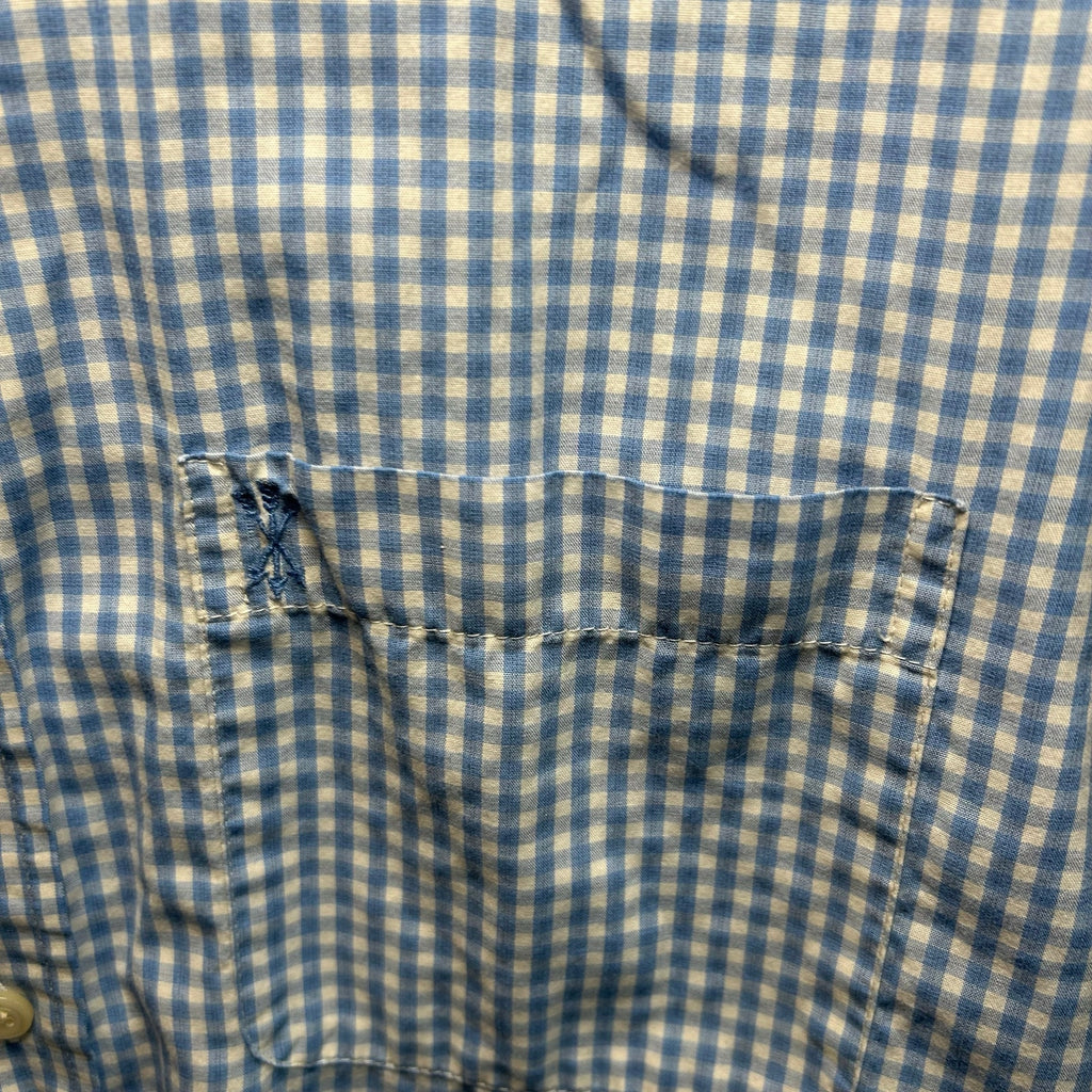 VTG Y2K Arrow Light Blue Gingham Plaid Short Sleeve Button Down Shirt Basics