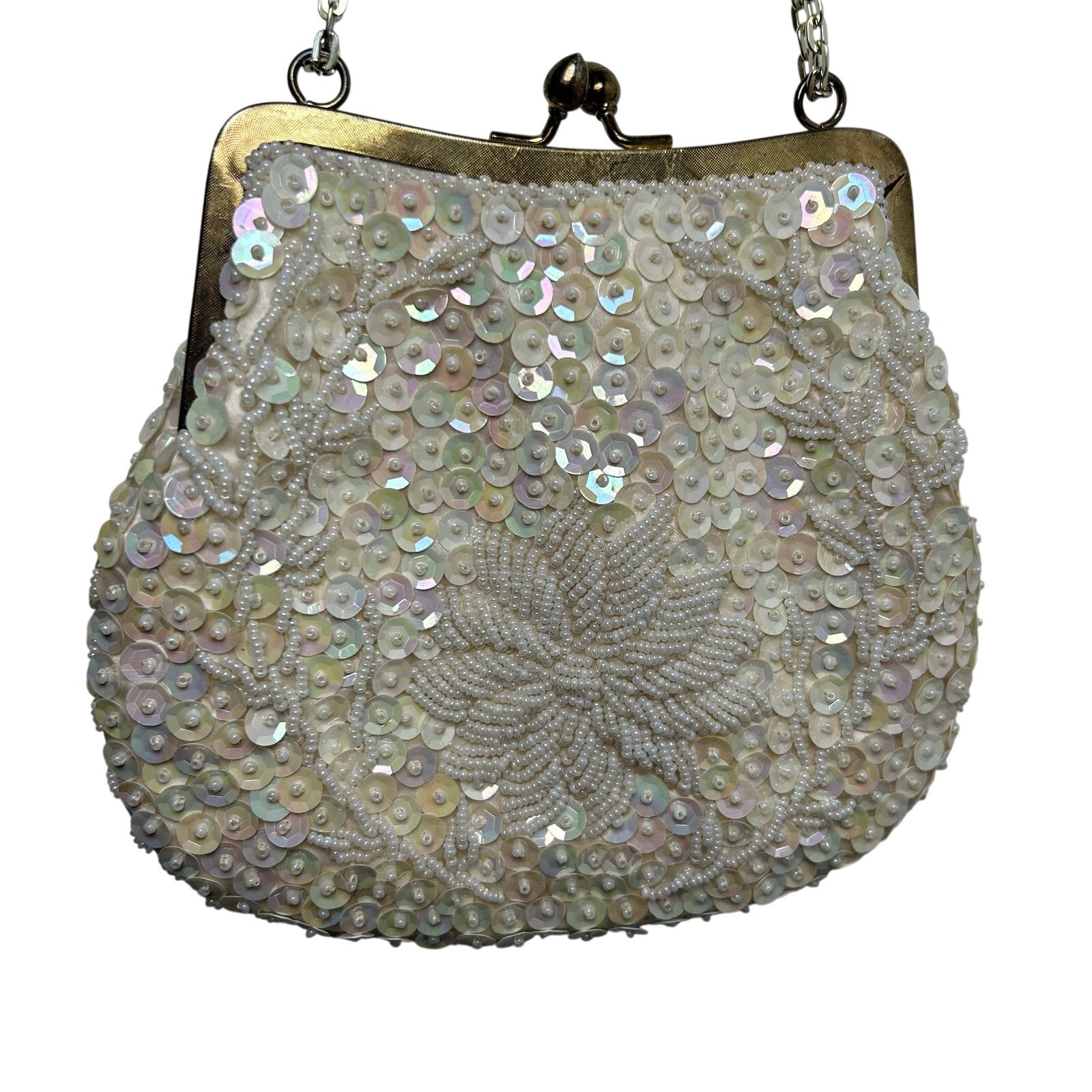 VTG 50's White Beaded Sequin Bridal Evening Bag Hong Kong Wedding Coquette Glam