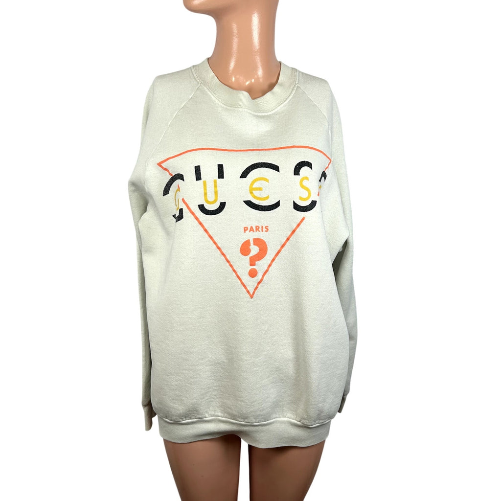 VTG 80s Guess Paris M White Sweatshirt Triangle Logo Dolman Sleeve Streetwear