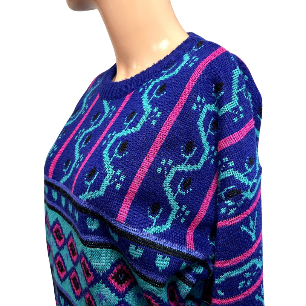 VTG 80s Meister M Purple Teal Maximalist Patterned Wool Knit Retro Cozy Sweater