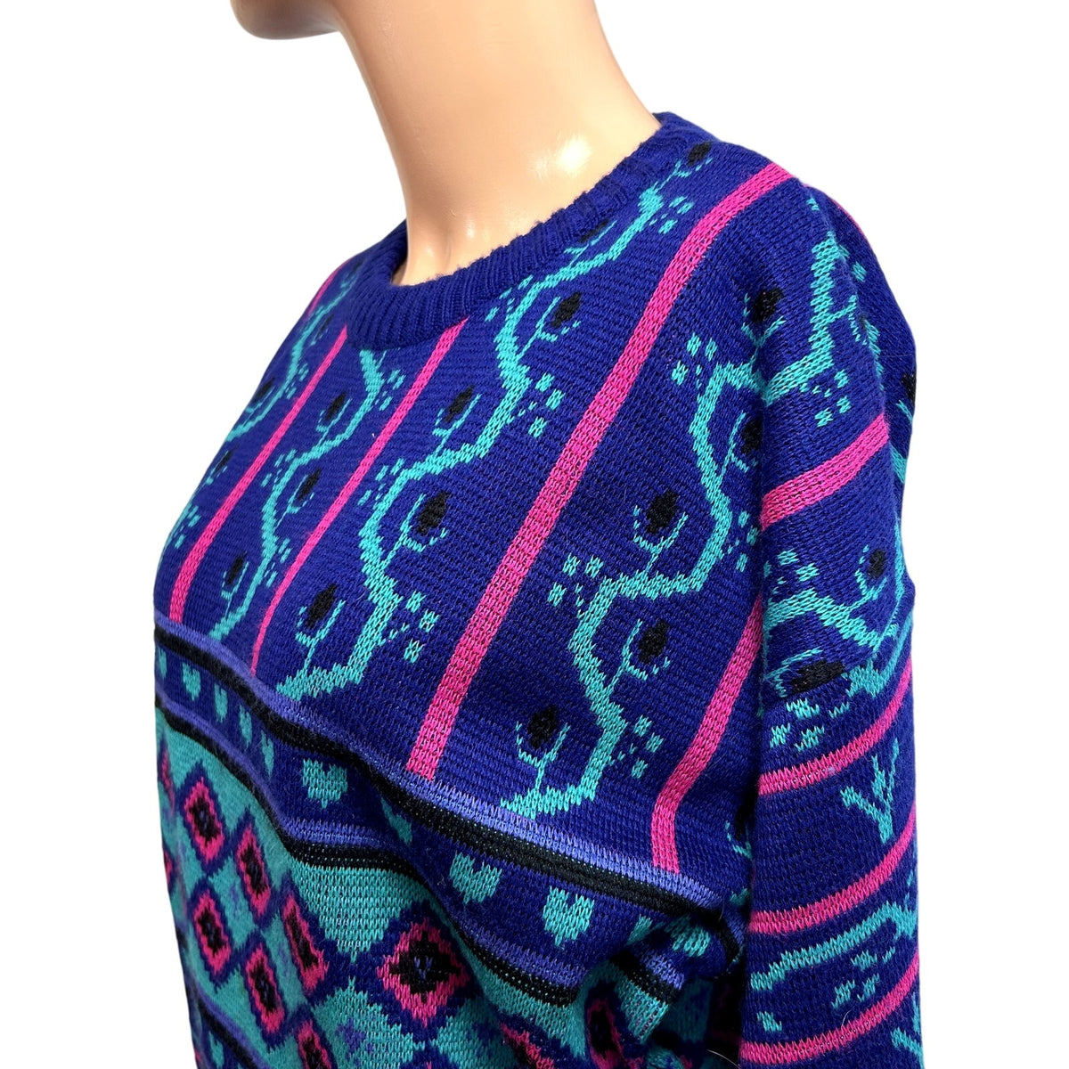 VTG 80s Meister M Purple Teal Maximalist Patterned Wool Knit Retro Cozy Sweater