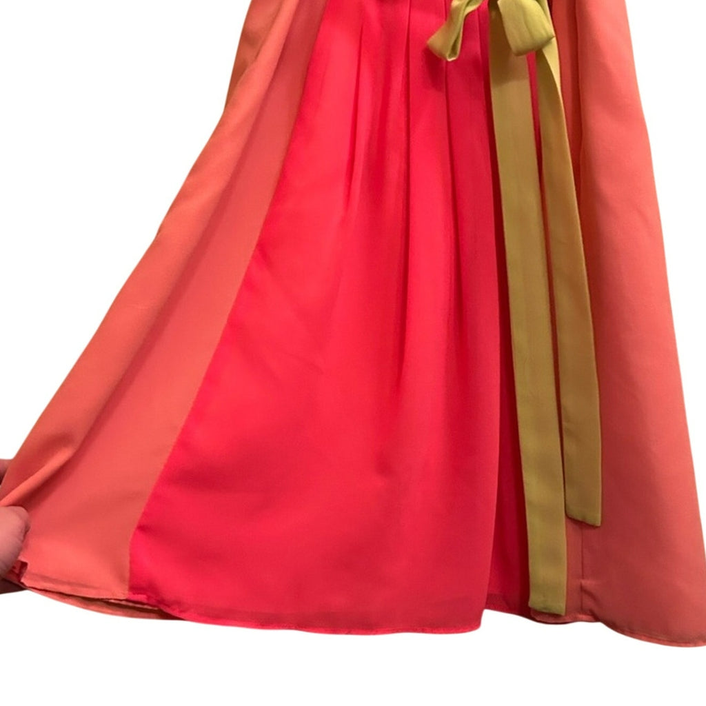 LOFT Colorblock Pleated Midi Dress Pink Coral Neon Green Belt 6 Preppy Retro