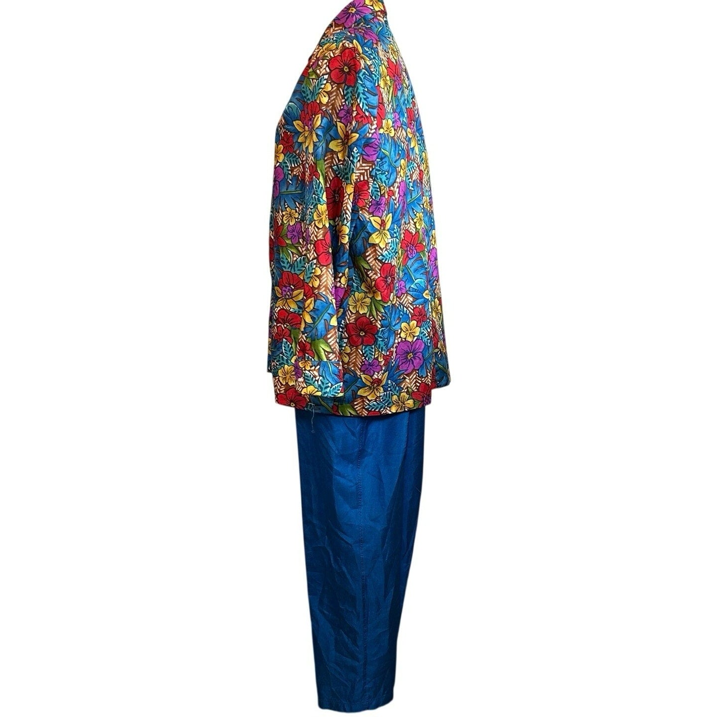 VTG 70s Bechamel 3pc Floral Set Whimsigoth Blue Tropical Jacket Shirt Pants Boho