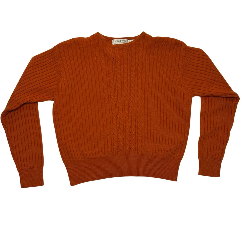 VTG 70s Liz Claiborne Orange Wool Crewneck Pullover Sweater M Cable Knit Cottage