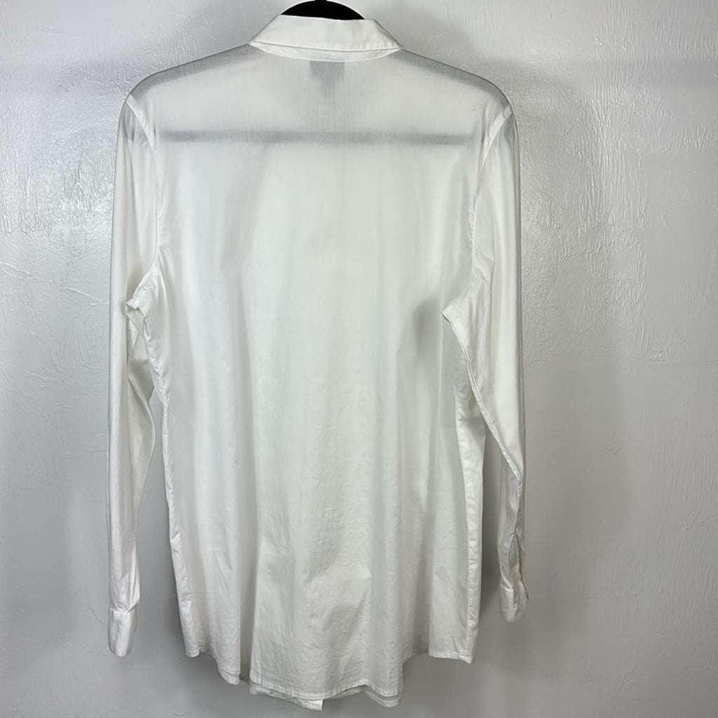 J Jill Pleated Front Stretch Cotton Button Down Shirt White Large Coastal Grandma