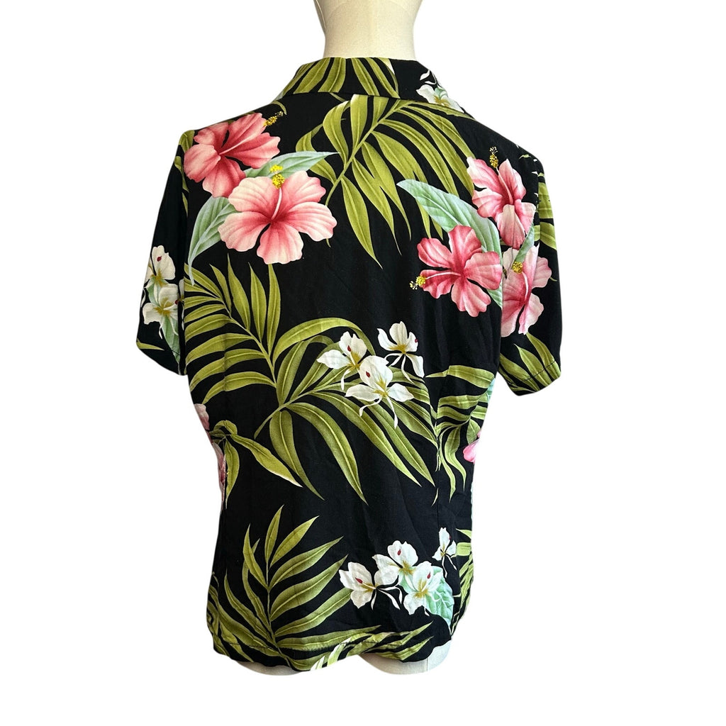 VTG 90s Puanani Hawaiian Shirt Black Floral Medium Tropical Boho Casual Indie