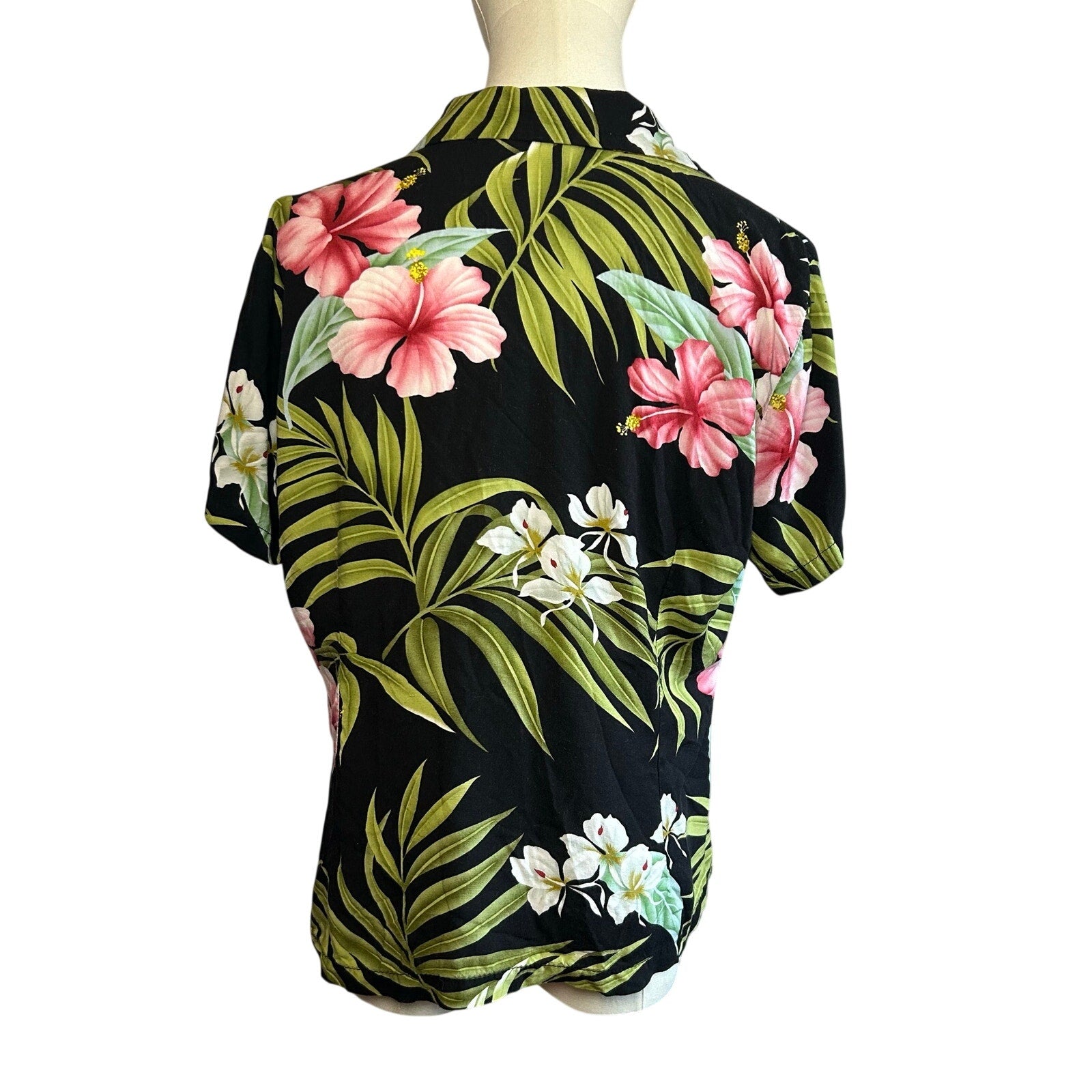 VTG 90s Puanani Hawaiian Shirt Black Floral Medium Tropical Boho Casual Indie