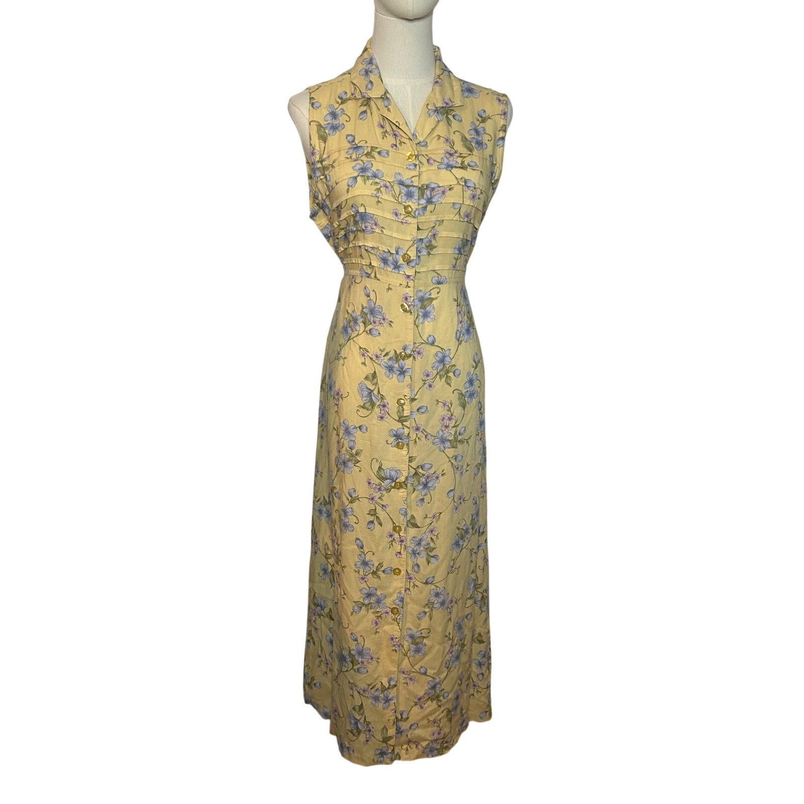 VTG 90s Erika Collection Yellow Floral Maxi Shirt Dress M Cottage Grandma Grunge