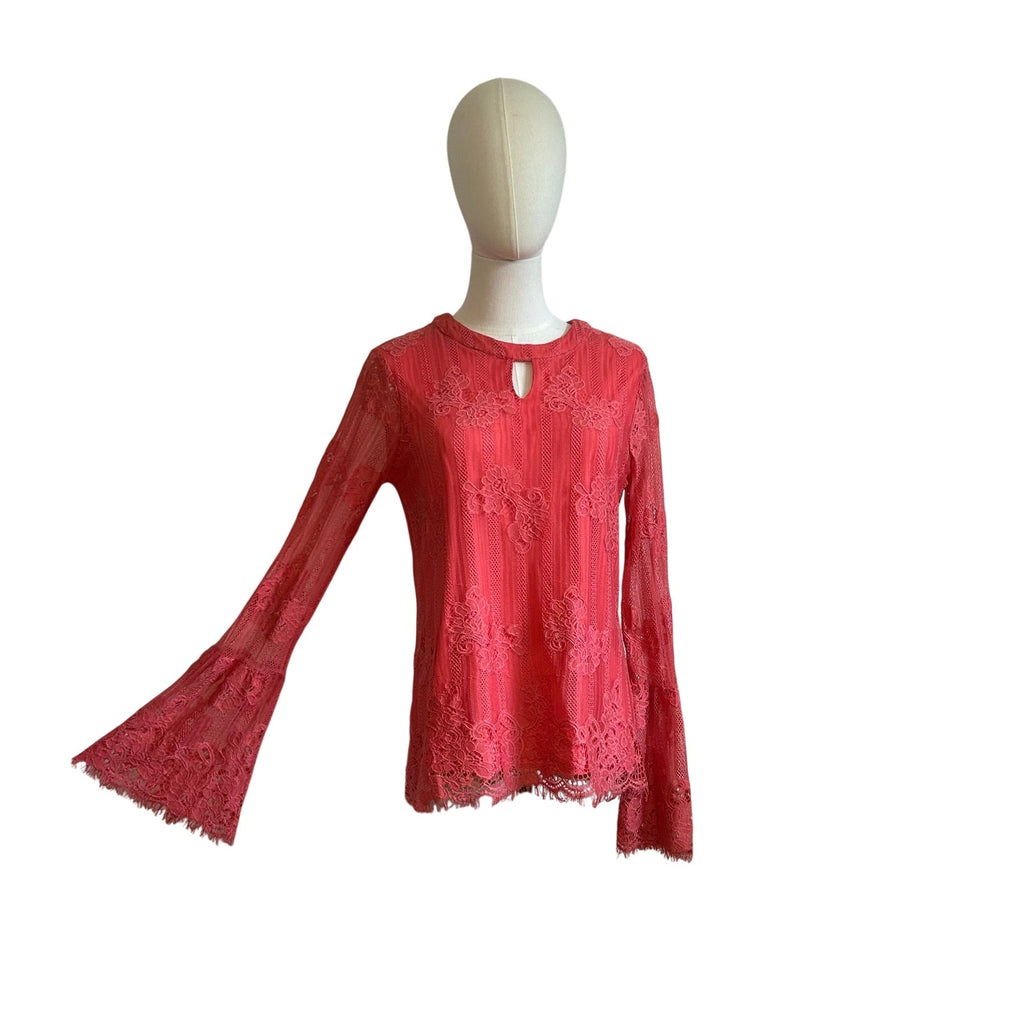 Ultra Pink Floral Lace Top Sheer Bell Sleeves M Coquette Fairy Gypsy Feminine