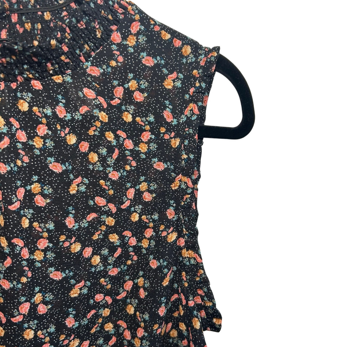 Black Pink Floral Sleeveless Mock Neck M Smocked Top Ruffle Y2K Romantic Goth