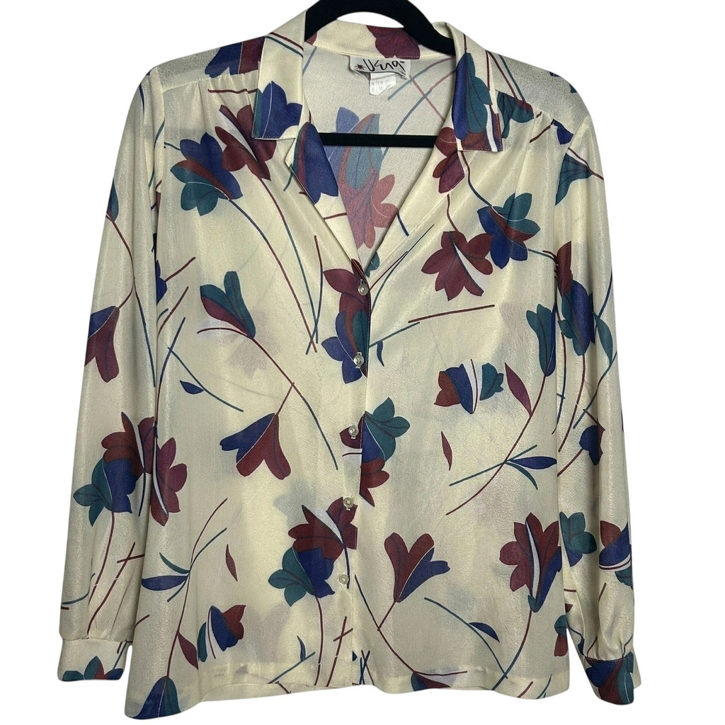 VTG Vera Neumann Ivory Floral Button Up Blouse Large Whimsygoth Boho Retro 70s