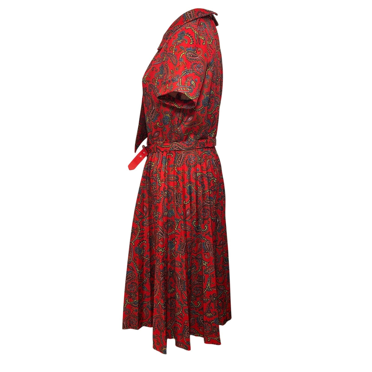 VTG 70s Red Paisley Dagger Collar Midi Dress with Matching Belt M Whimsygoth