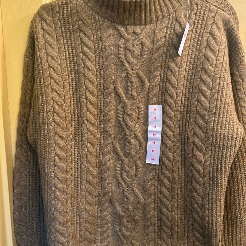 NWT Old Navy SoSoft Cable Knit Sweater Medium Mustard Green Mock Neck Fisherman