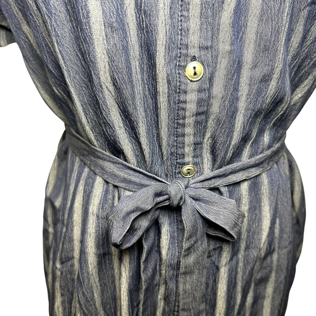Naif Navy Blue Striped Cotton Blend Shirt Dress Tie Waist Women's Medium Casual