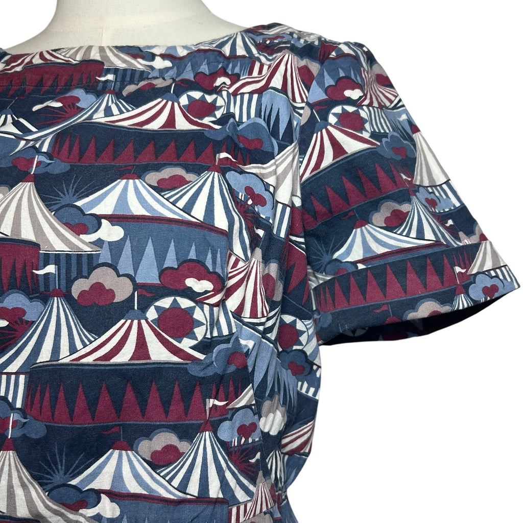 Emily & Fin Circus Tent Print Dress Blue Red M Retro Twee Indie Coquette Wiggle