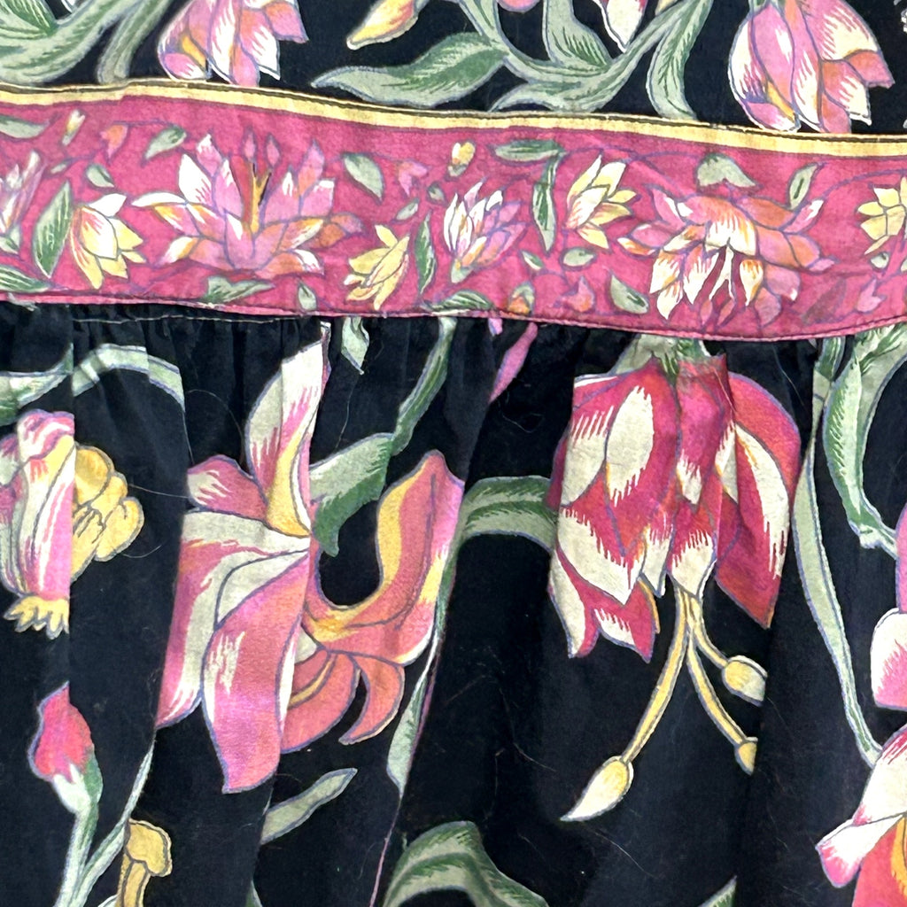 VTG 80s Upcycled M Black Pink Tiered Ruffle Midi Skirt A-Line Floral Boho Pocket