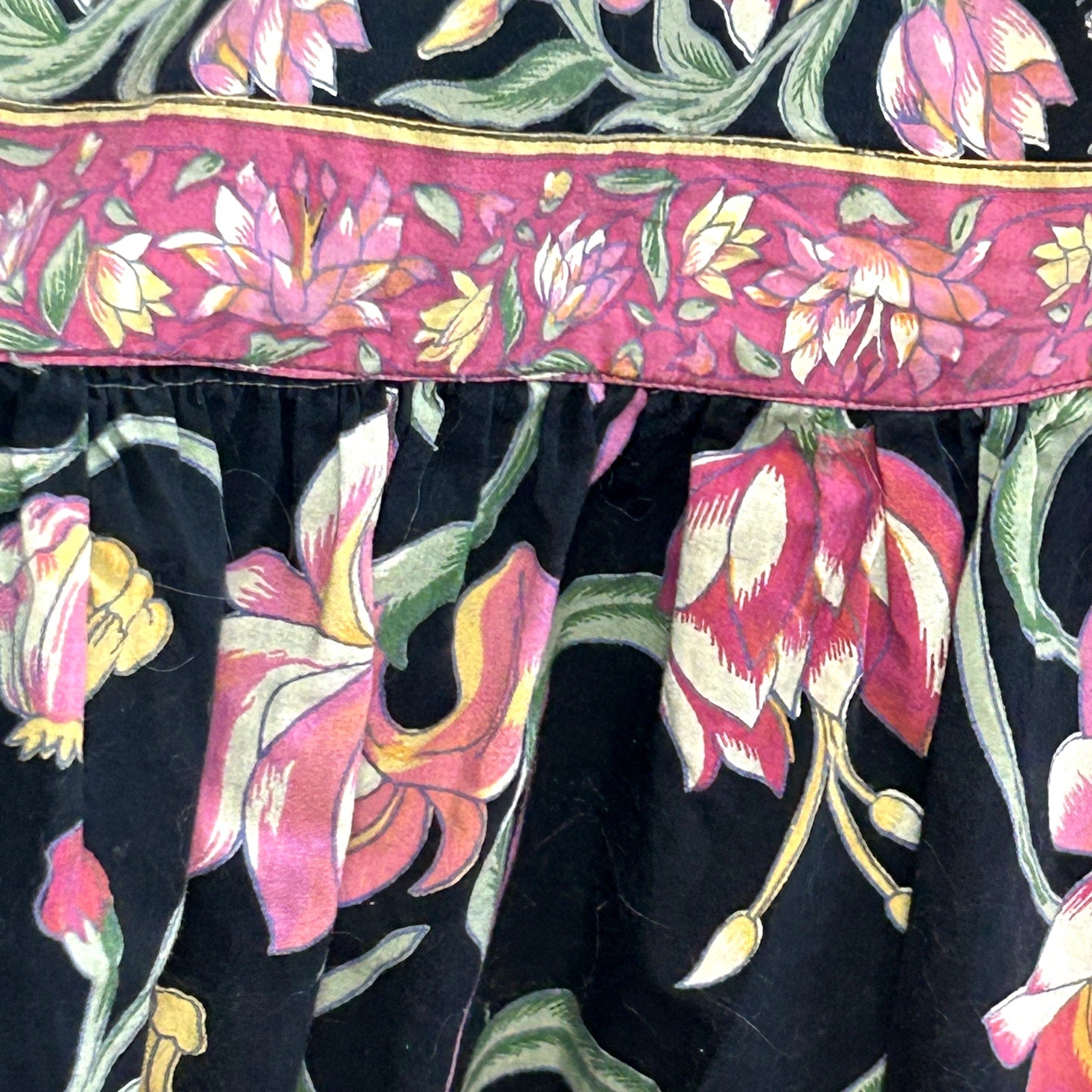 VTG 80s Upcycled M Black Pink Tiered Ruffle Midi Skirt A-Line Floral Boho Pocket