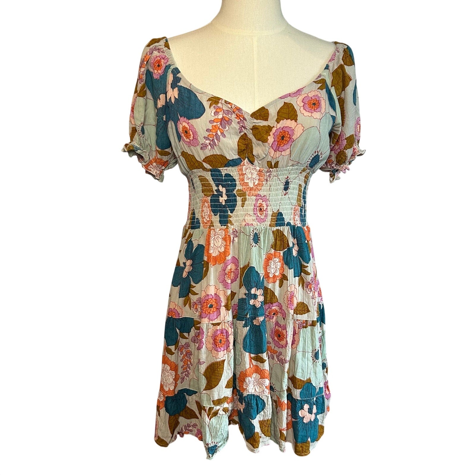 Angie Floral Smocked Boho Mini Dress Medium Cottage Indie Retro Rayon Festival