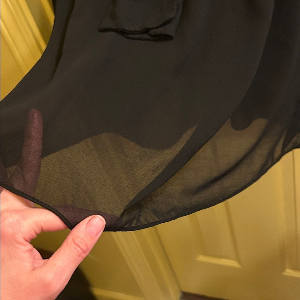 Zara Pleated Tie Neck Blouse Black Sheer Chiffon Pussy Bow Shirt Woman Large L