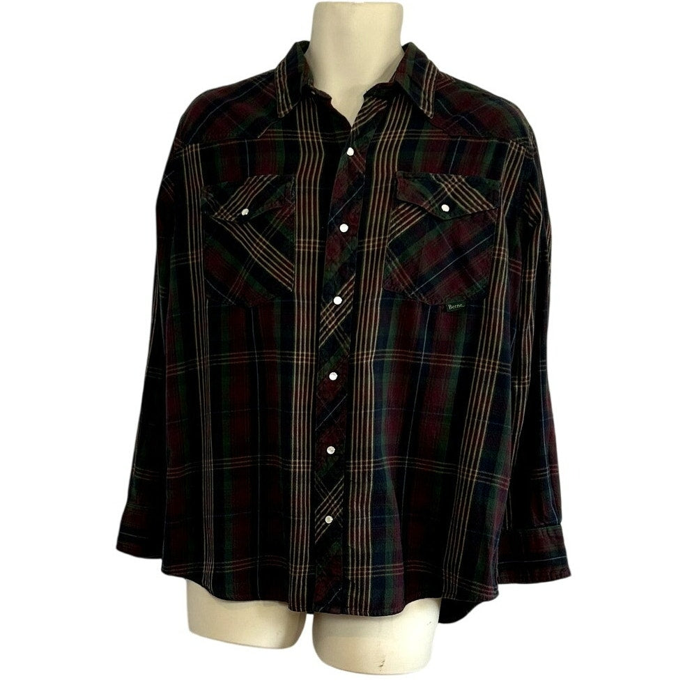 Berne L Multicolor Plaid Flannel Pearl Snap Work Shirt Utility Pen Pocket Gorp
