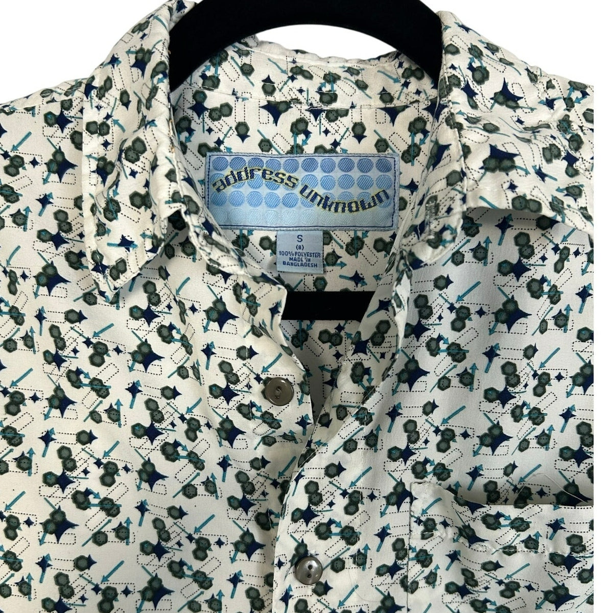 VTG Address Unknown White Teal Navy S Atomic Pattern Retro 90s Mod Poly Button