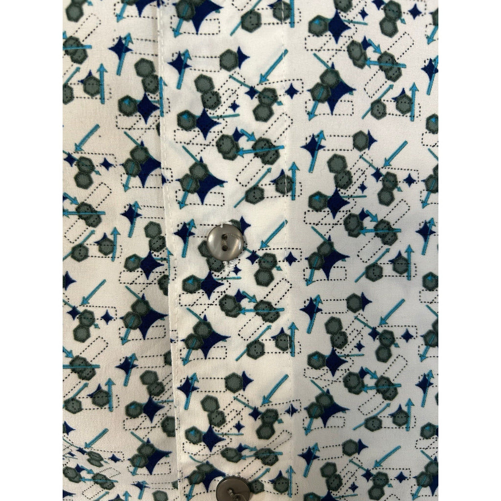 VTG Address Unknown White Teal Navy S Atomic Pattern Retro 90s Mod Poly Button