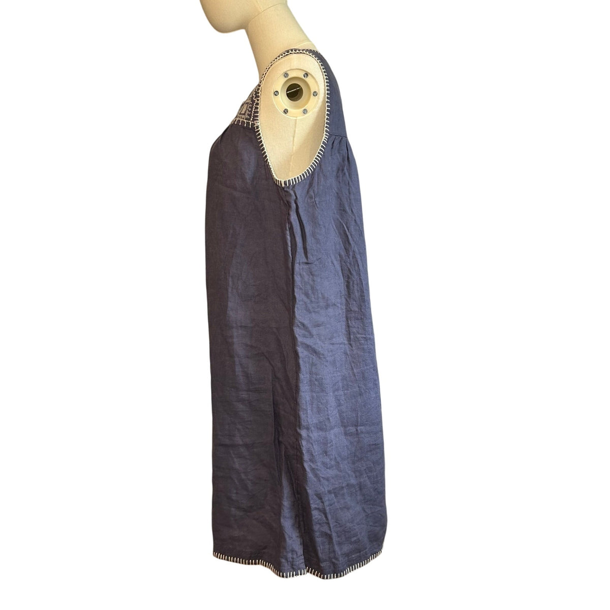 C&C California Blue White 100% Linen Dress Large Cottage Boho Minimalist Casual
