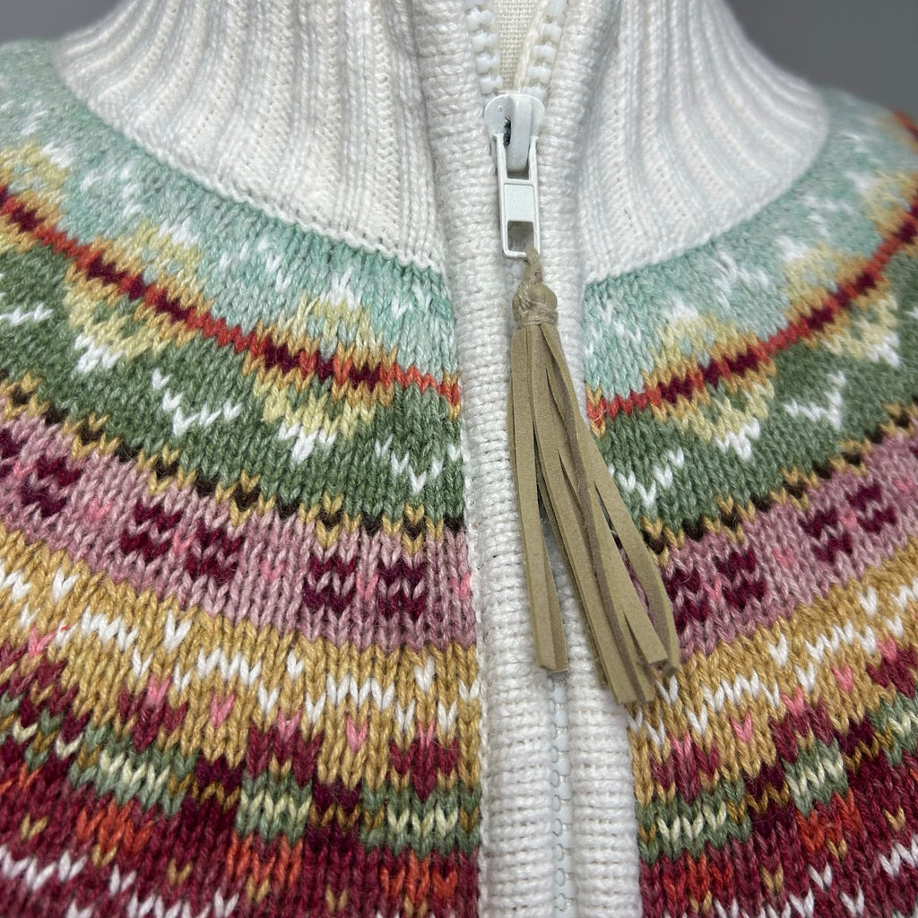 VTG Y2K Tiara International L White Fair Isle Cardigan Sweater Full Zip Grandma