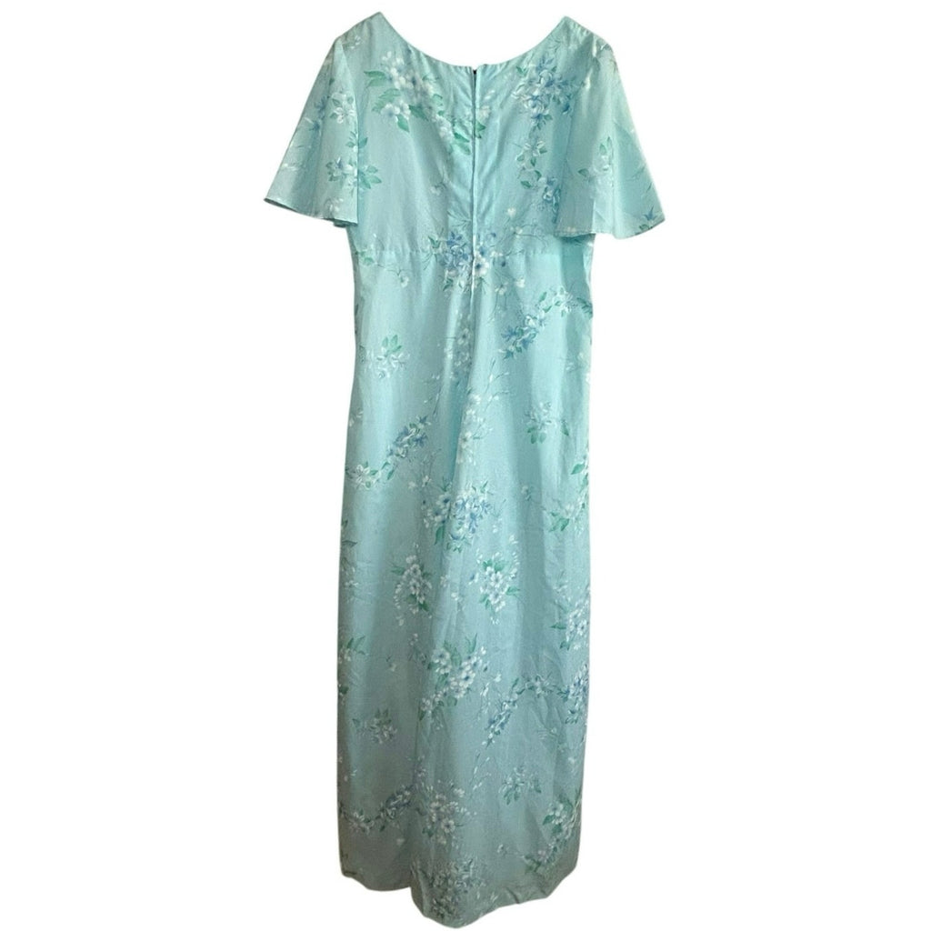 VTG 70s Handmade Blue Floral Ball Gown Capelet Empire Waist Maxi 10 Cottage Glam