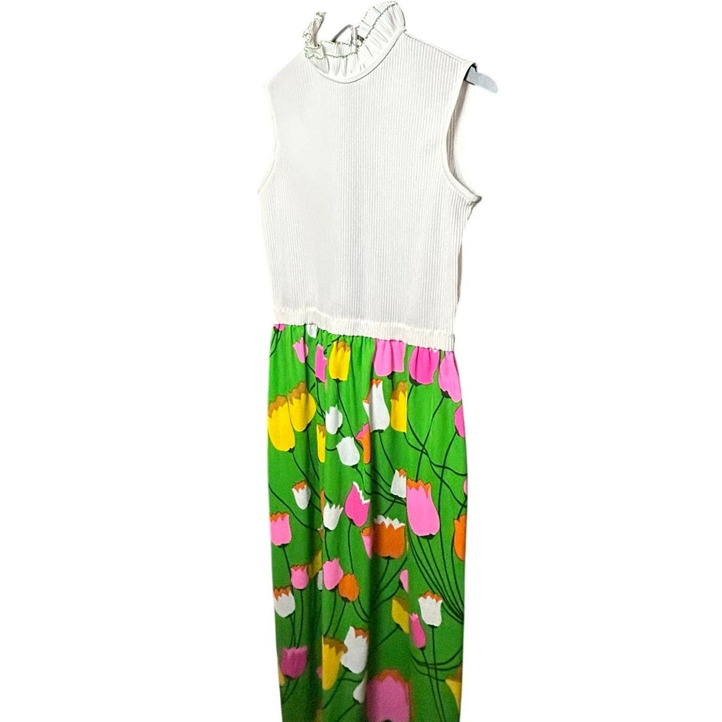 VTG 70s Alison Ayres Maxi Dress Green Floral Retro Tulip Print S Whimsigoth Boho