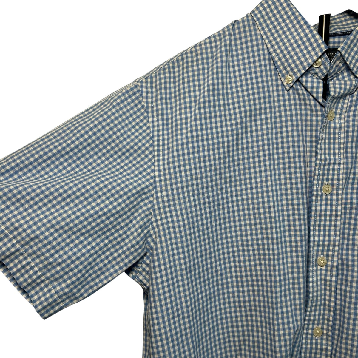 VTG Y2K Arrow Light Blue Gingham Plaid Short Sleeve Button Down Shirt Basics