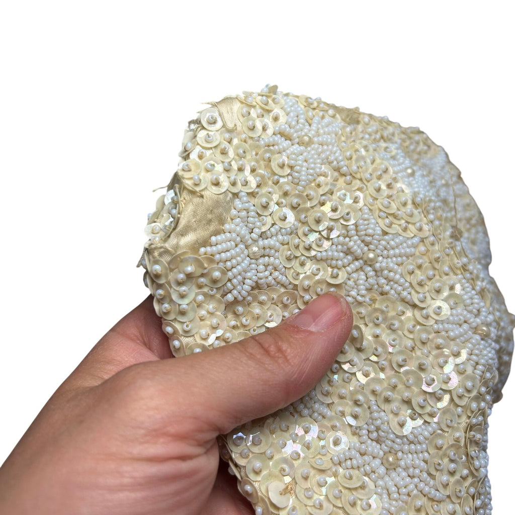 VTG 50s Cream Sequin White Floral Clutch Evening Bag Bridal Prom Retro Glam Twee