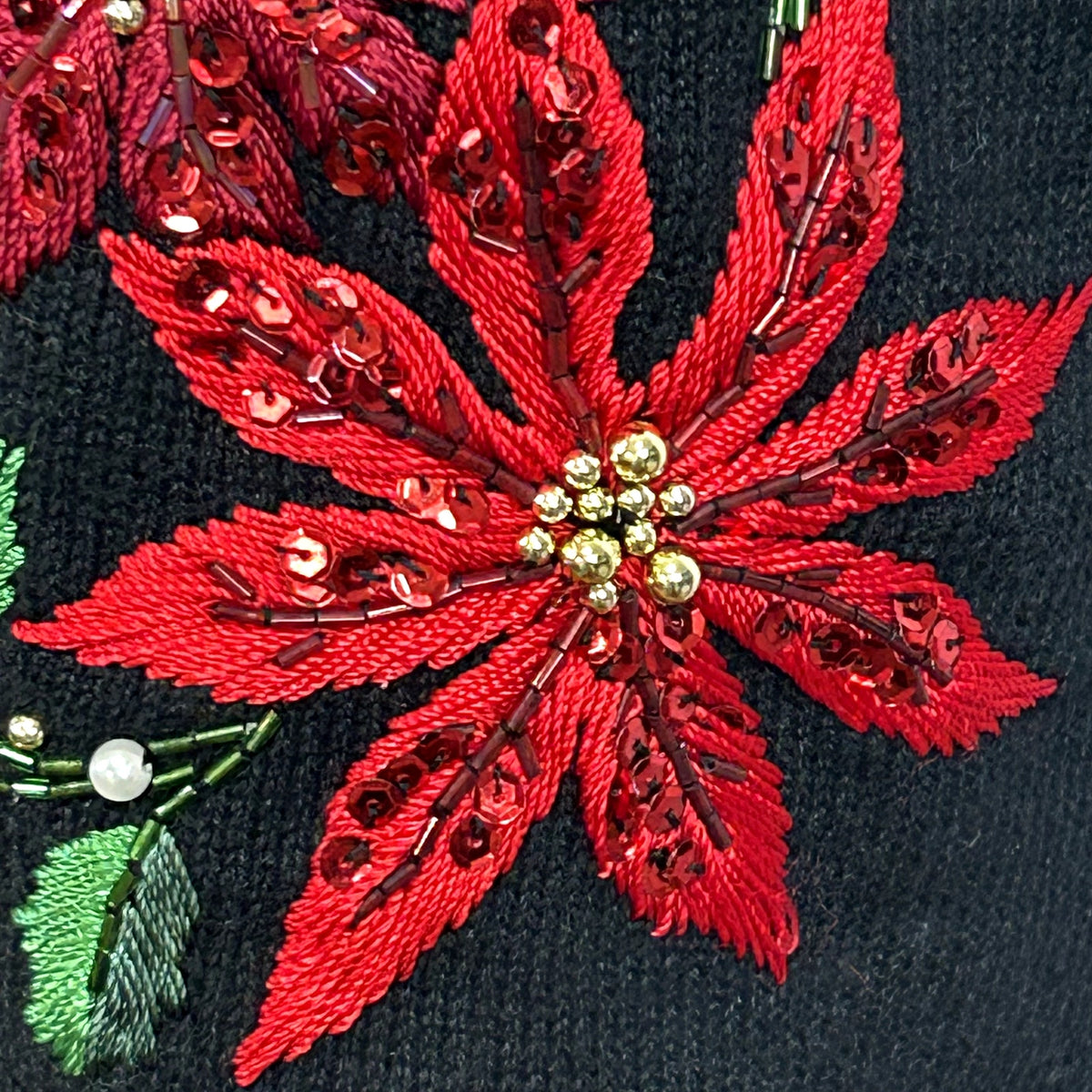 VTG 90s B.P. Design M Black Poinsettia Beaded Christmas Cardigan Faux Fur Collar