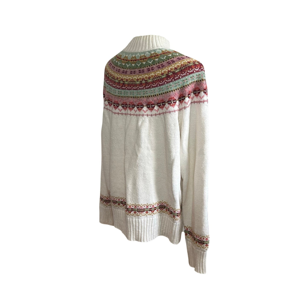 VTG Y2K Tiara International L White Fair Isle Cardigan Sweater Full Zip Grandma