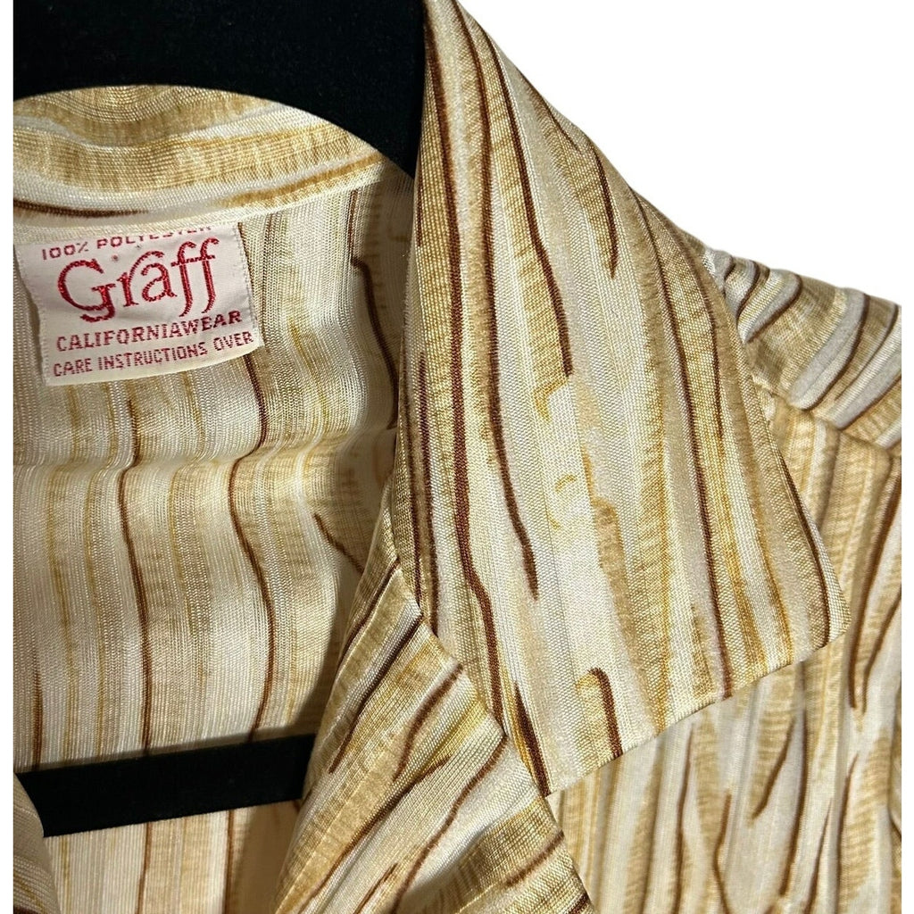 VTG 70s Graff Californiawear Faux Bois Wood Grain Blouse Dagger Collar S/M Disco